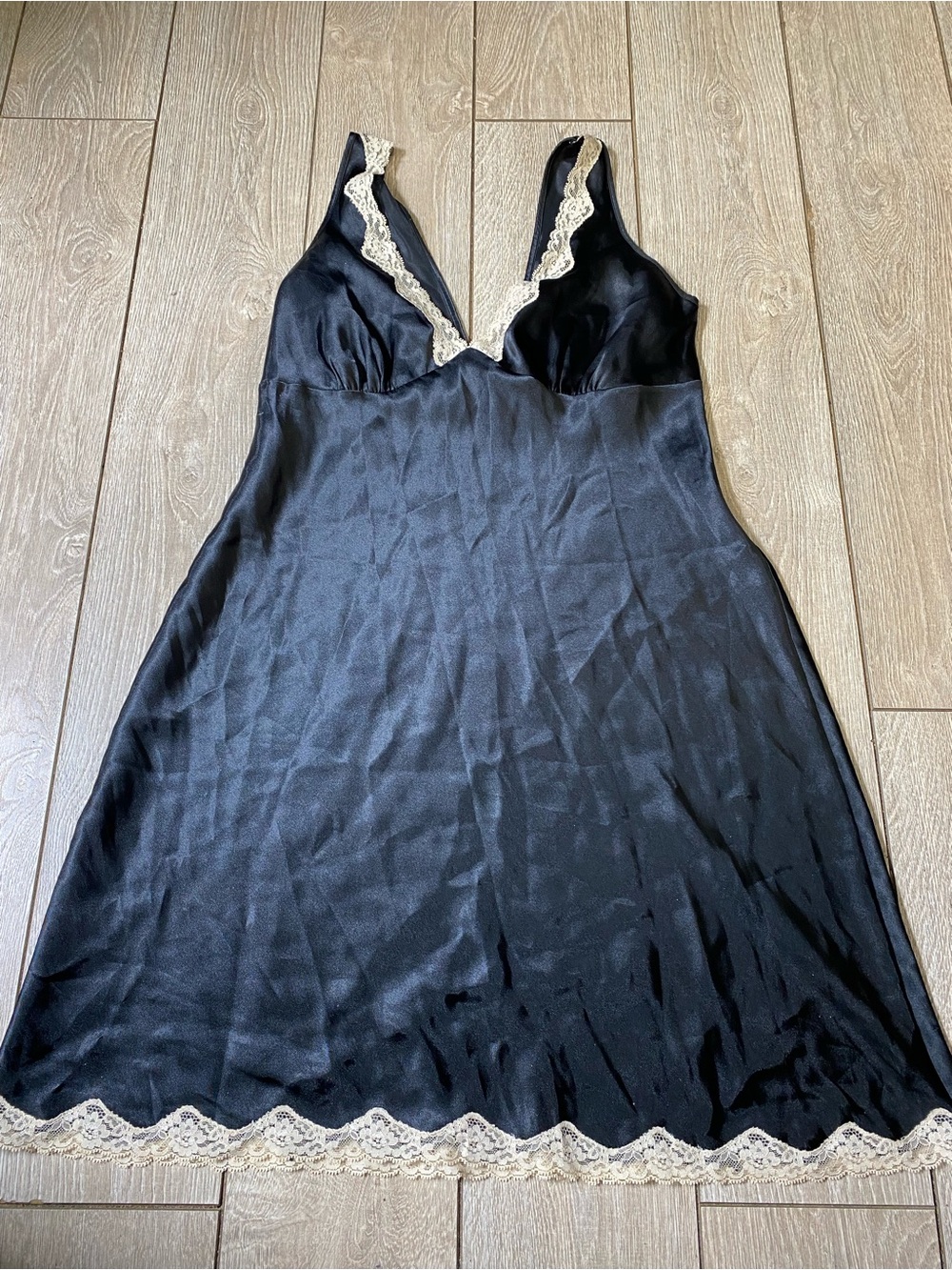 Vintage Victoria's Secret Black Satin Slip Dress Lace Trim Chemise Y2K Sz M